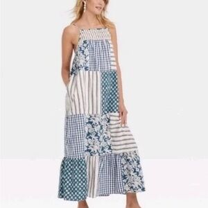 Blue and White Patchwork Maxi Dress
